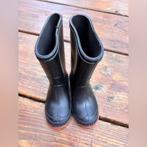 Black Rain Boots with Red Soles, made in Canada. Size 6